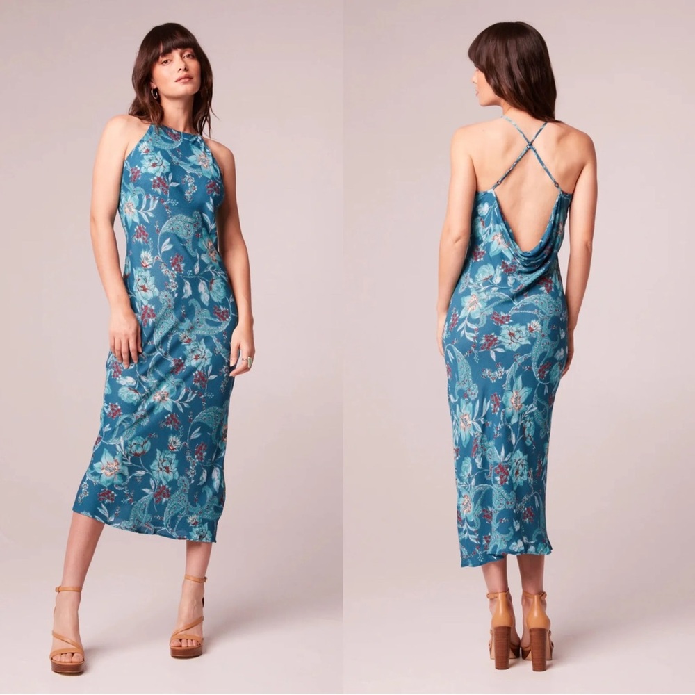 Blue Floral Midi Dress with Open Back